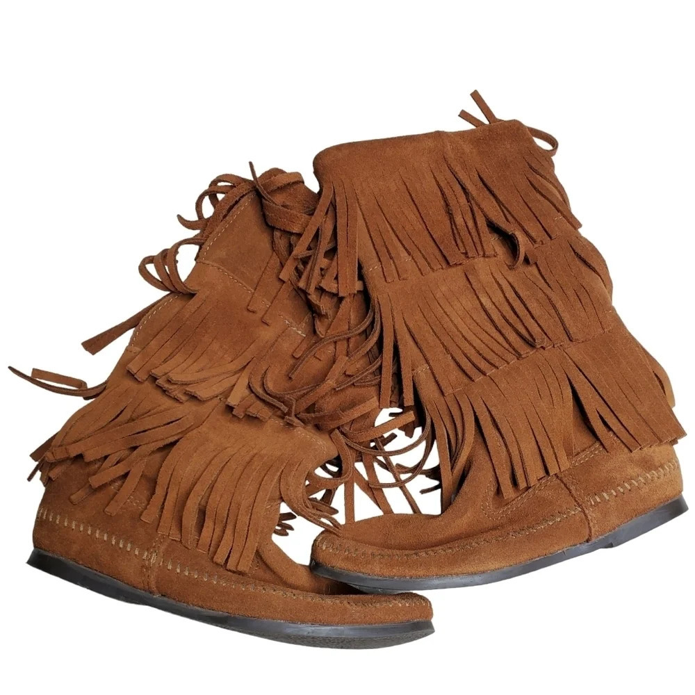 Minnetonka 3 Layer Fringe Brown Suede Boots - image 4